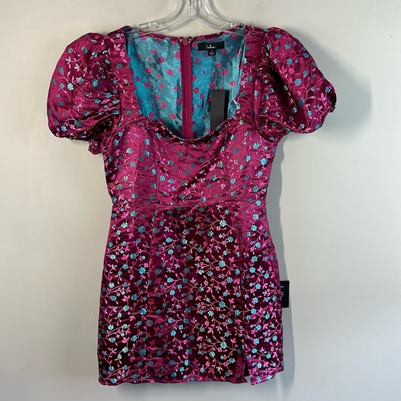 NWT Lulu’s Always Decadent Magenta Ditsy Floral Brocade Puff Sleeve Dress Small - Picture 4 of 16